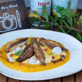 Sardine in due consistenze su crema di zucca barucca, zafferano e pane croccante